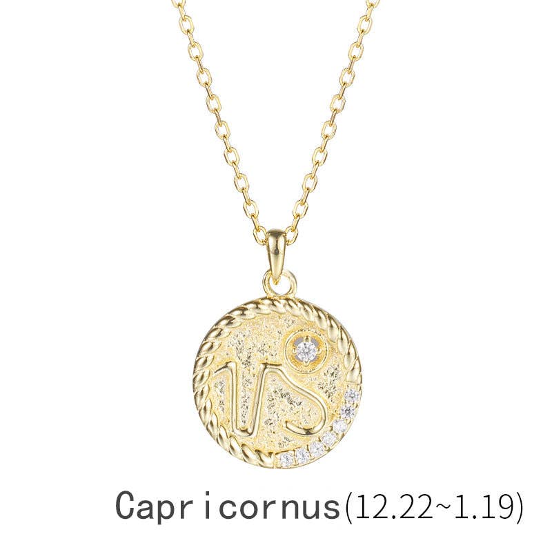 Gold Zodiac Sign Disc Charm Necklace in 925 Sterling Silver