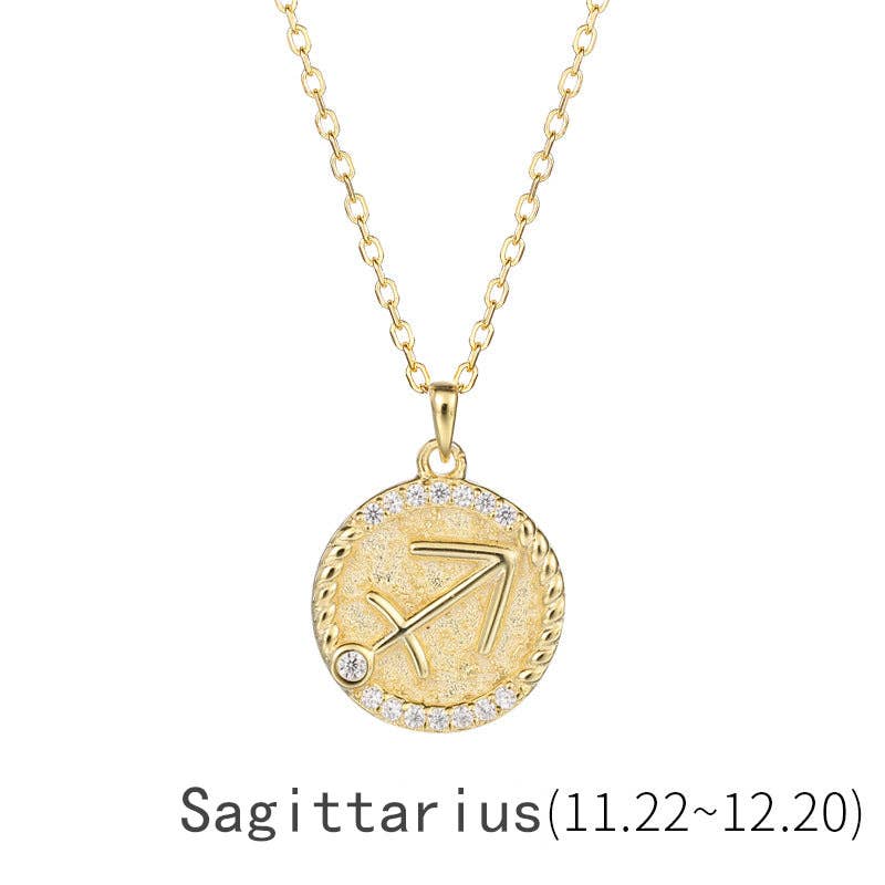 Gold Zodiac Sign Disc Charm Necklace in 925 Sterling Silver