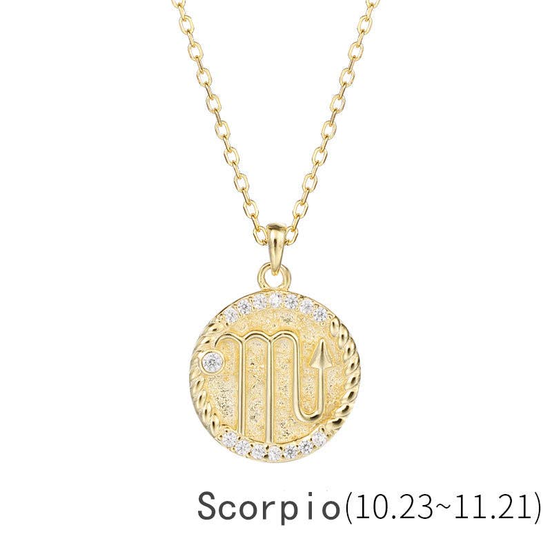 Gold Zodiac Sign Disc Charm Necklace in 925 Sterling Silver