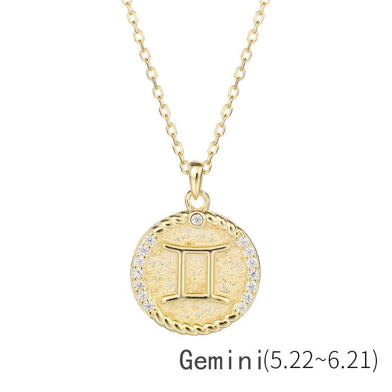 Gold Zodiac Sign Disc Charm Necklace in 925 Sterling Silver