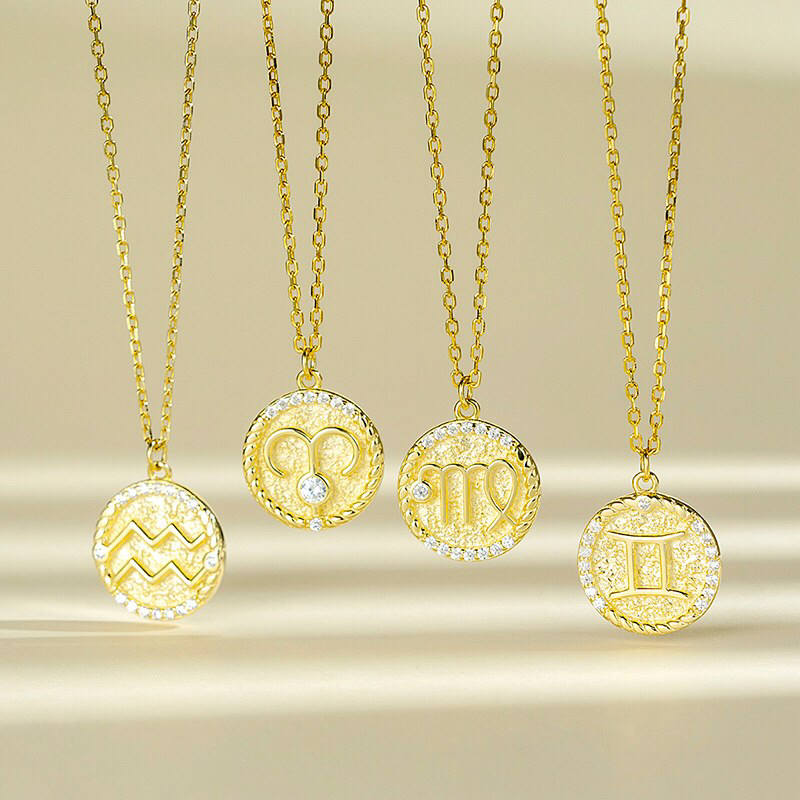 Gold Zodiac Sign Disc Charm Necklace in 925 Sterling Silver