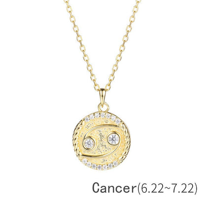 Gold Zodiac Sign Disc Charm Necklace in 925 Sterling Silver