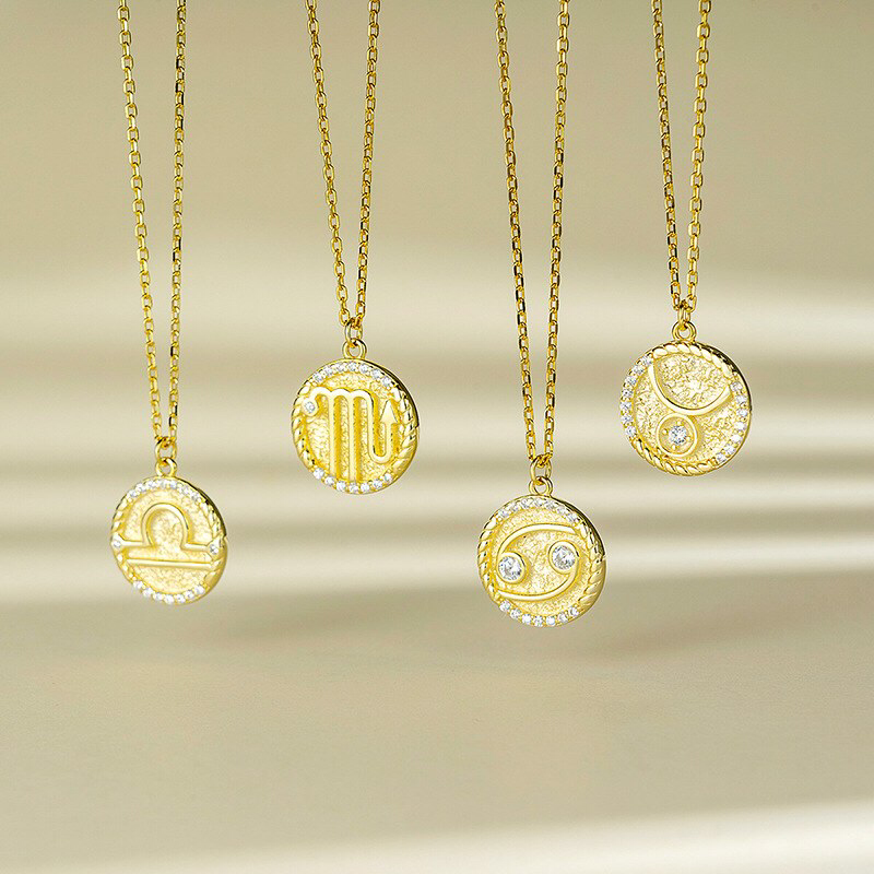 Gold Zodiac Sign Disc Charm Necklace in 925 Sterling Silver