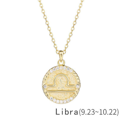 Gold Zodiac Sign Disc Charm Necklace in 925 Sterling Silver