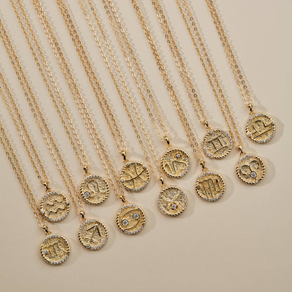 Gold Zodiac Sign Disc Charm Necklace in 925 Sterling Silver